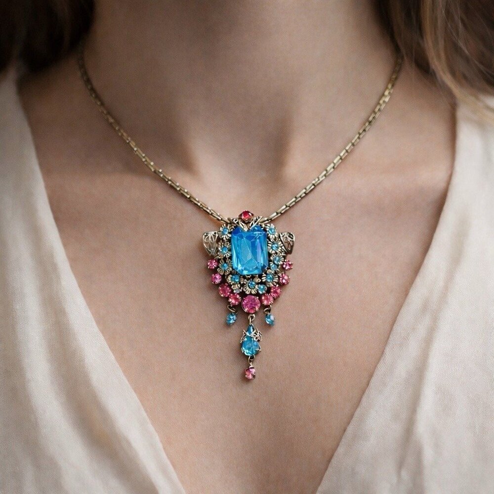 Vintage Art Deco Pendant Necklace Gold Tone Filigree Blue Pink Rhinestone Floral